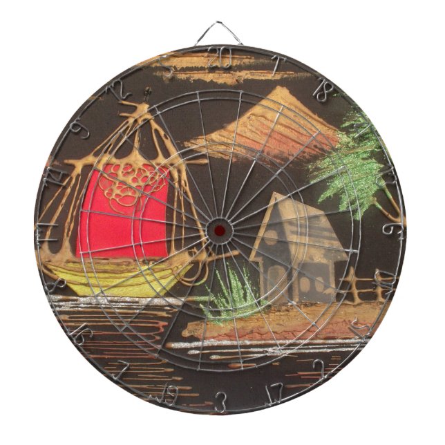Red Sailboat Landscape Oil Painting Art Print Dart Board (Front)