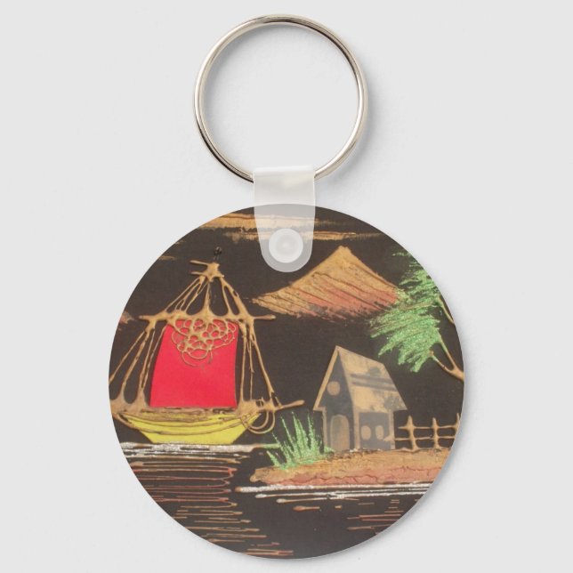 Red Sailboat Landscape Oil Painting Art Print Keychain (Front)