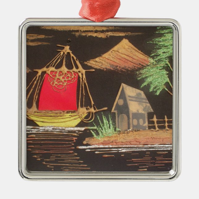 Red Sailboat Landscape Oil Painting Art Print Metal Ornament (Front)