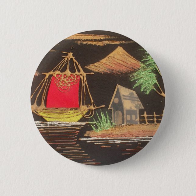 Red Sailboat Landscape Oil Painting Art Print Pinback Button (Front)