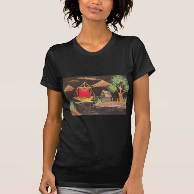 Red Sailboat Landscape Oil Painting Art Print T-Shirt (Front)