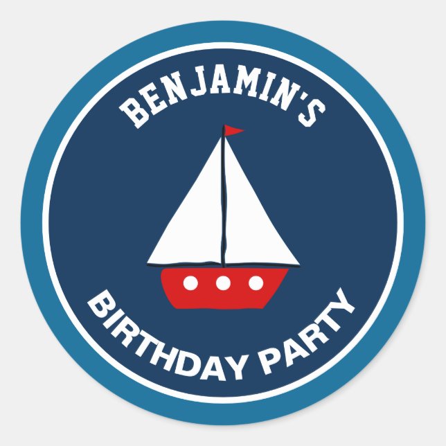Red Sailboat Nautical Birthday Party Favor Sticker (Front)