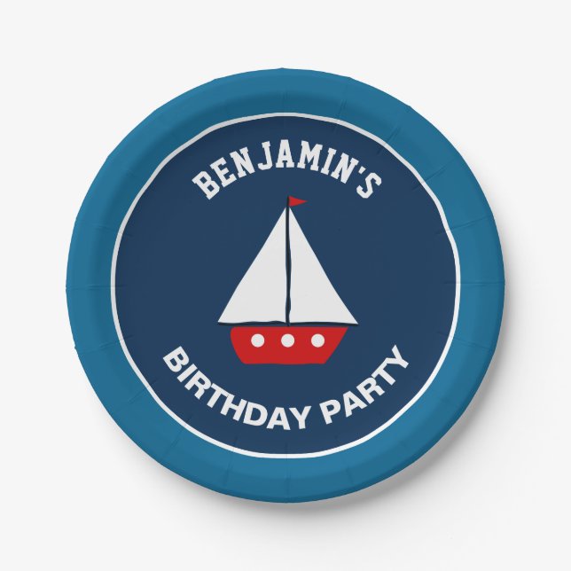 Red Sailboat Nautical Birthday Party Paper Plates (Front)