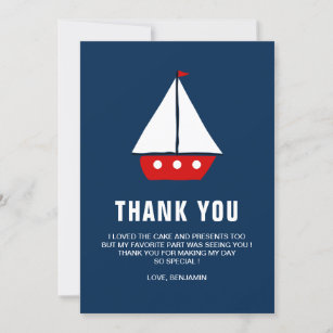 Red Sailboat Nautical Birthday Party Thank You Card