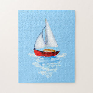 Red sailboat sea modern ocean watercolor jigsaw puzzle