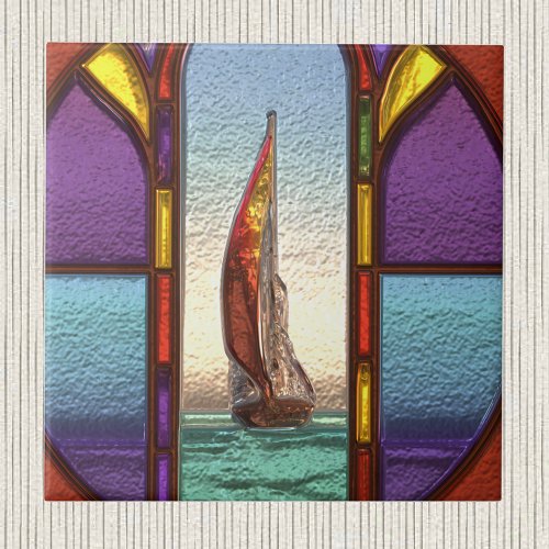 Red Sailboat Through a Faux Stained Glass Window Ceramic Tile