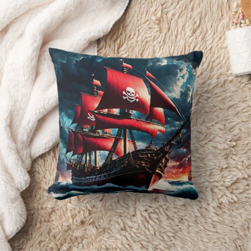 Red_Sailed Pirate Ship Navigating Stormy Seas Throw Pillow