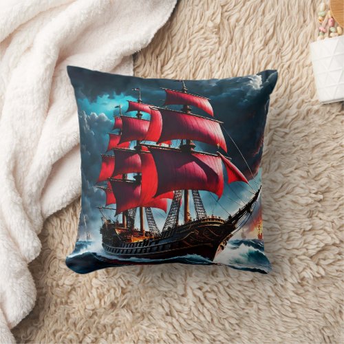 Red_Sailed Pirate Ship Navigating Stormy Seas Throw Pillow