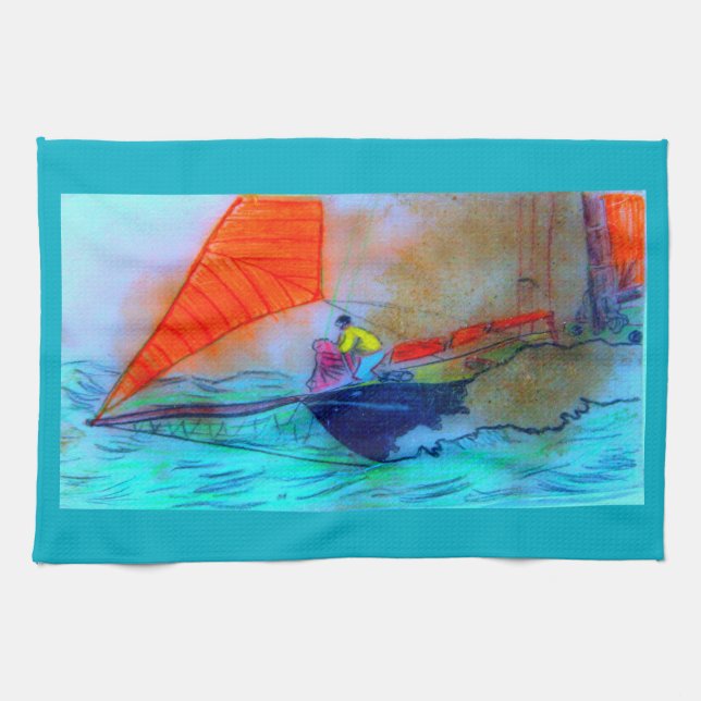 red-sailed schooner kitchen towel (Horizontal)