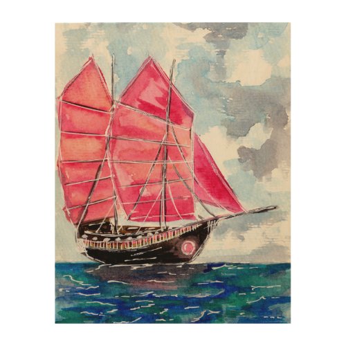 Red Sails Boat Wood Wall Art