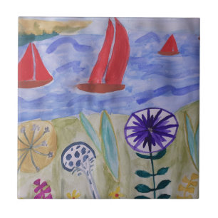 Red Sails & Flowers Ceramic Tile