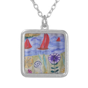 Red Sails & Flowers Silver Plated Necklace
