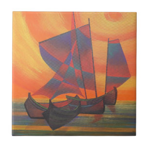 Red Sails in the Sunset Cubist Junk Abstract Ceramic Tile