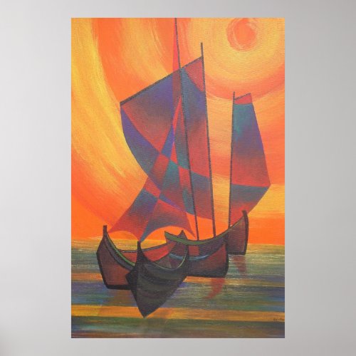 Red Sails in the Sunset Cubist Junk Abstract Poster