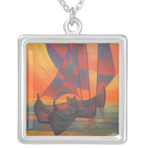 Red Sails in the Sunset Cubist Junk Abstract Silver Plated Necklace