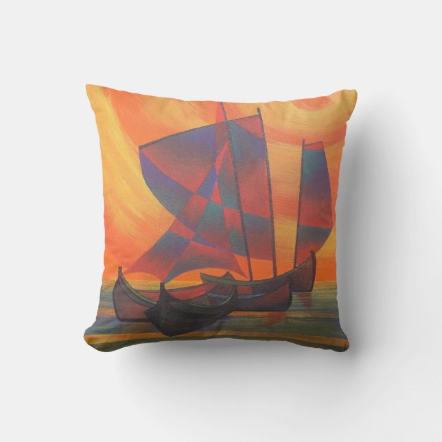 Red Sails in the Sunset Cubist Junk Abstract Throw Pillow (Front)