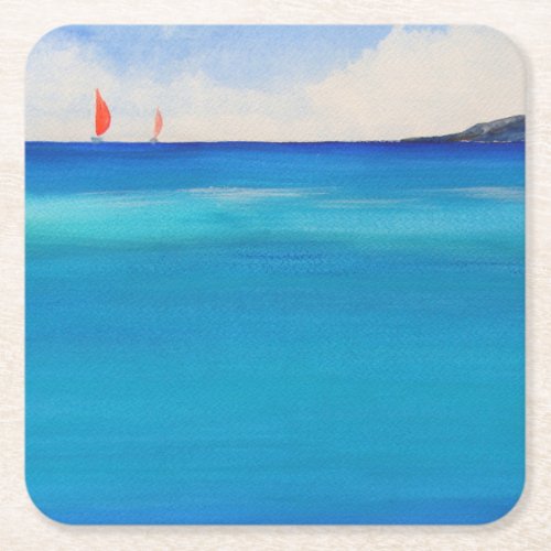 Red Sails on Blue Water Watercolor Painting Square Paper Coaster