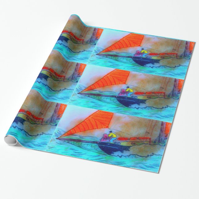 red sails  on sailing schooner wrapping paper (Unrolled)