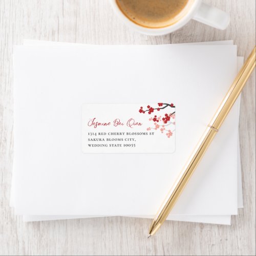 Red Sakura Cherry Blossoms Asian Wedding Address Label