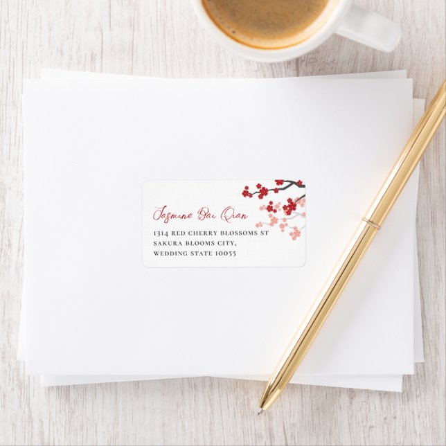 Red Sakura Cherry Blossoms Asian Wedding Address Label (Insitu)