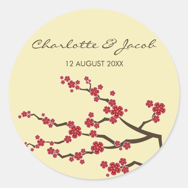 Red Sakura Cherry Blossoms Asian Wedding Sticker (Front)