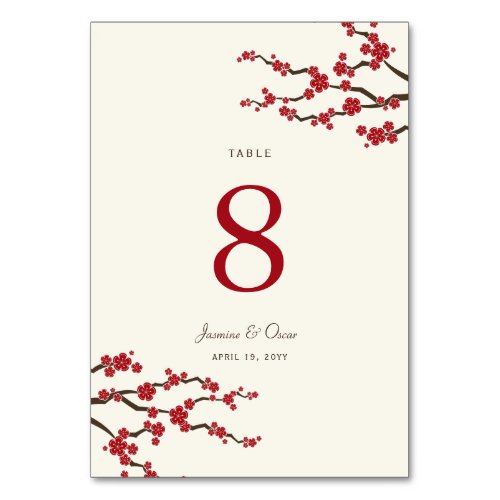 Red Sakura Cherry Blossoms Elegant Asian Wedding Table Number