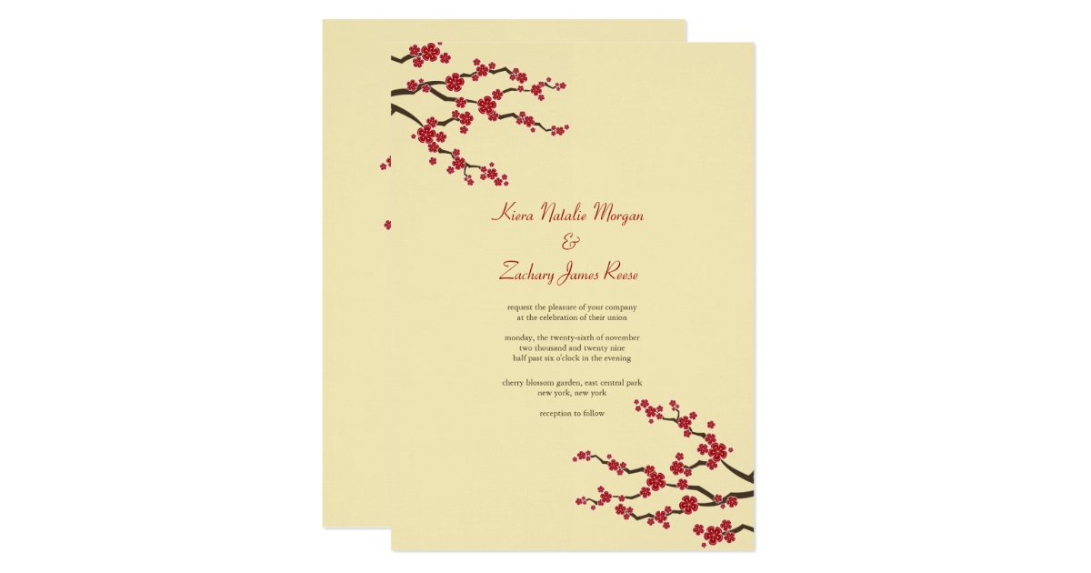 Red Sakura Cherry Blossoms Modern Asian Wedding Invitation