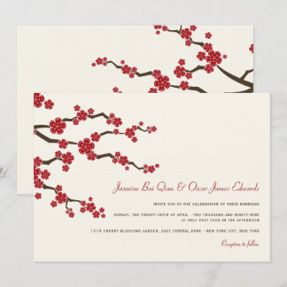 Red Sakura Cherry Blossoms Modern Asian Wedding Invitation