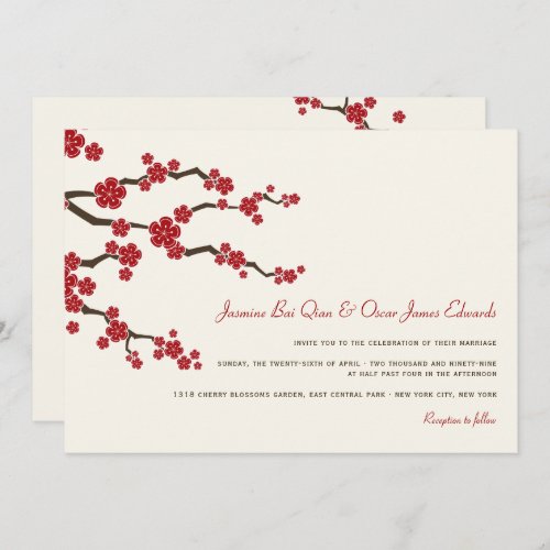 Red Sakura Cherry Blossoms Modern Asian Wedding Invitation