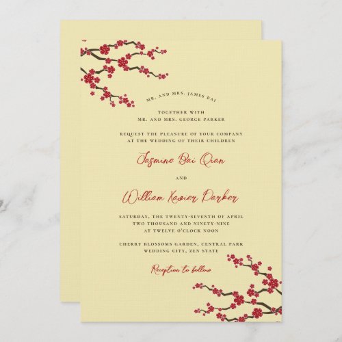 Red Sakura Cherry Blossoms Modern Asian Wedding Invitation