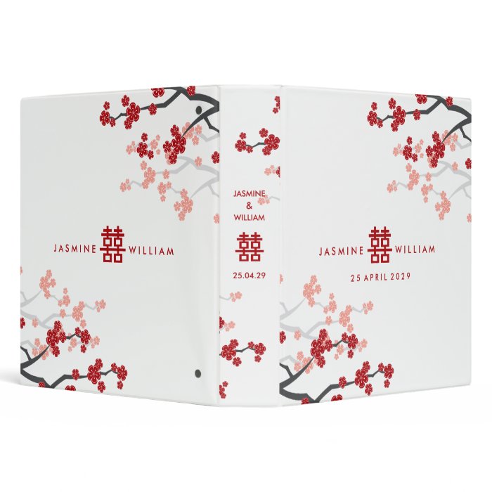 Red Sakura Cherry Blossoms Modern Chinese Wedding 3 Ring Binders