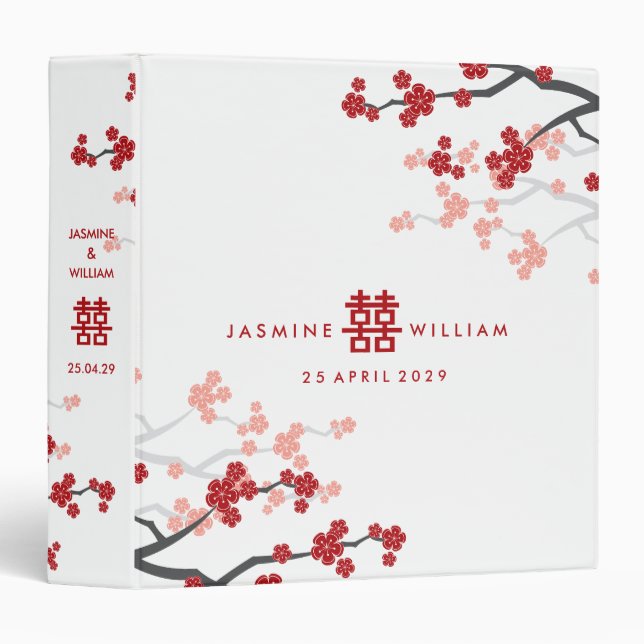 Red Sakura Cherry Blossoms Modern Chinese Wedding Binder (Front/Spine)