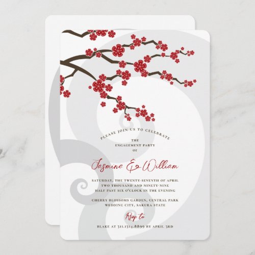 Red Sakura Cherry Blossoms Swirls Chic Engagement Invitation
