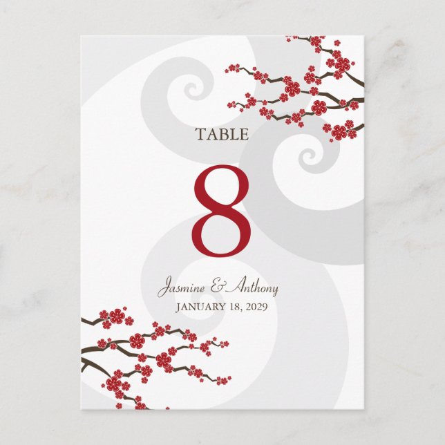 Red Sakura Cherry Blossoms Swirls Wedding Table Nu Postcard (Front)