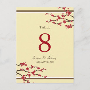 Red Sakura Cherry Blossoms Wedding Table Number