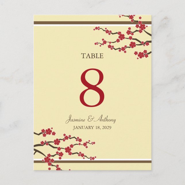 Red Sakura Cherry Blossoms Wedding Table Number (Front)