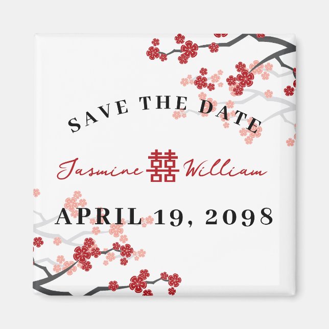 Red Sakura Double Happiness Chinese Save The Date Magnet (Front)