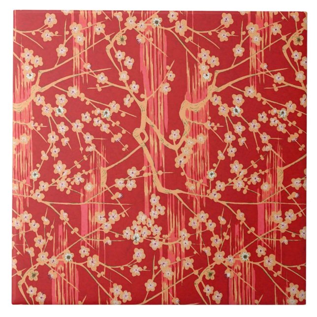 RED SAKURA FLOWERS Antique Japanese Floral Pattern Ceramic Tile (Front)