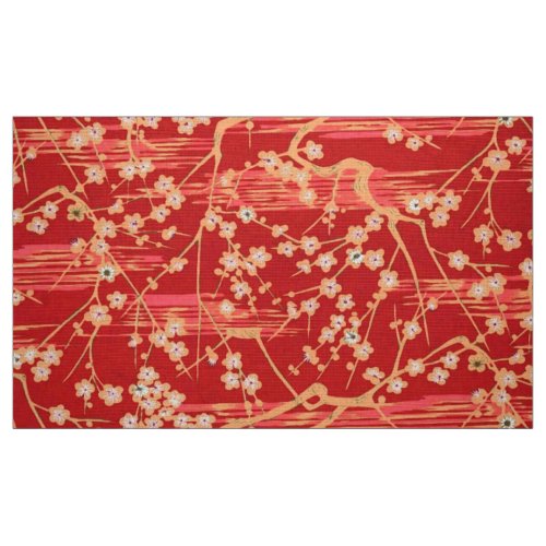 RED SAKURA FLOWERS Antique Japanese Floral Pattern Fabric