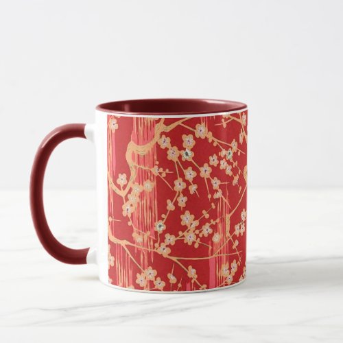 RED SAKURA FLOWERS Antique Japanese Floral Pattern Mug