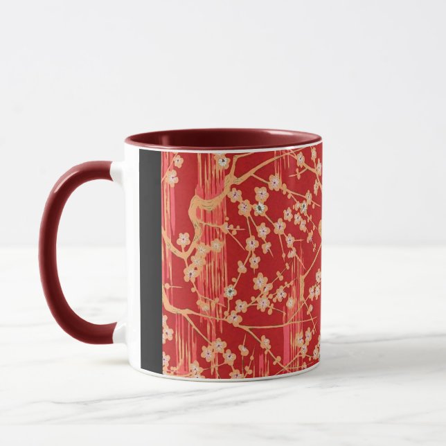RED SAKURA FLOWERS Antique Japanese Floral Pattern Mug (Left)