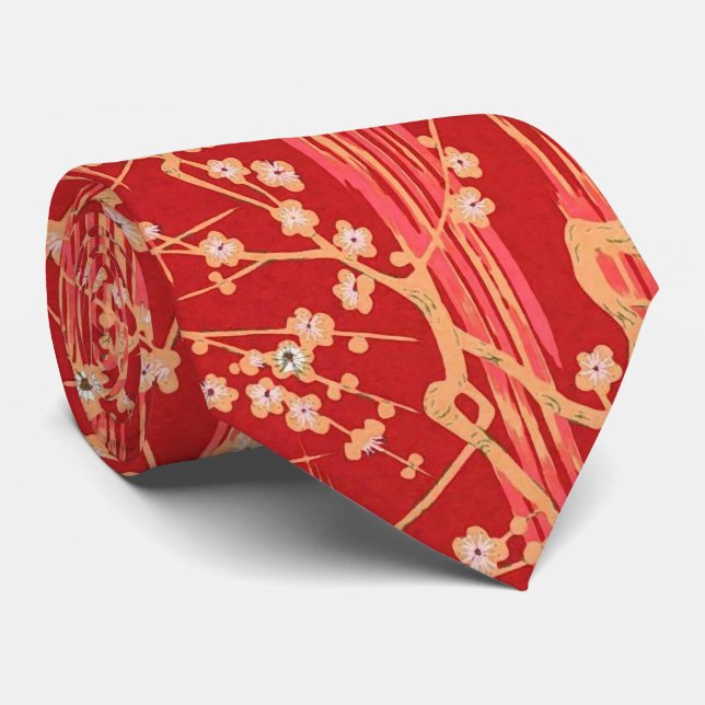 RED SAKURA FLOWERS Antique Japanese Floral Pattern Neck Tie (Rolled)