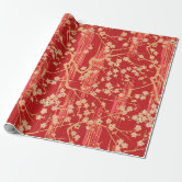 ANTIQUE JAPANESE FLOWERS Red Green Black Floral Wrapping Paper