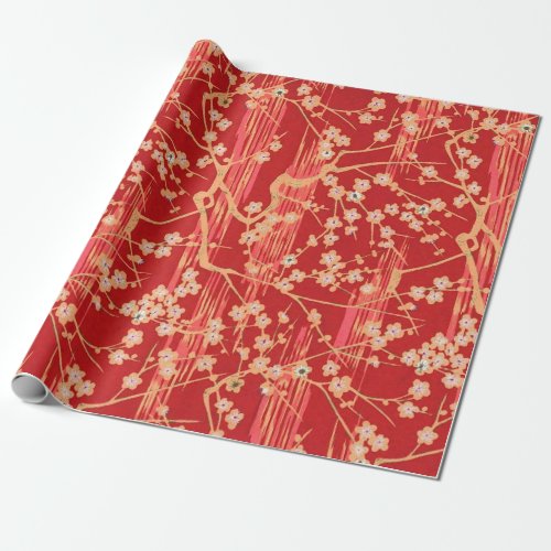 RED SAKURA FLOWERS Antique Japanese Floral Pattern Wrapping Paper