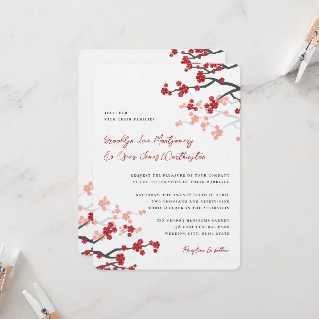 Red Sakura Flowers Cherry Blossoms Asian Wedding Invitation | Zazzle