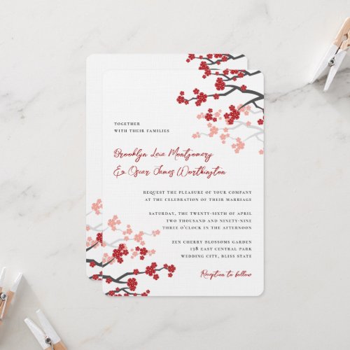 Red Sakura Flowers Cherry Blossoms Asian Wedding Invitation
