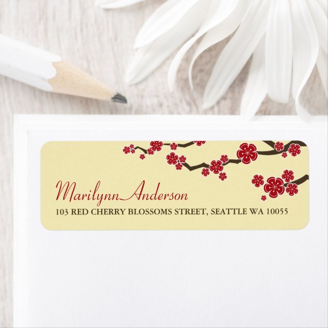 Red Sakura Flowers Cherry Blossoms Asian Wedding Label (Insitu)