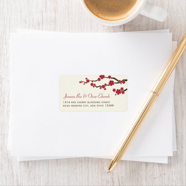 Red Sakura Flowers Cherry Blossoms Asian Wedding Label (Insitu)