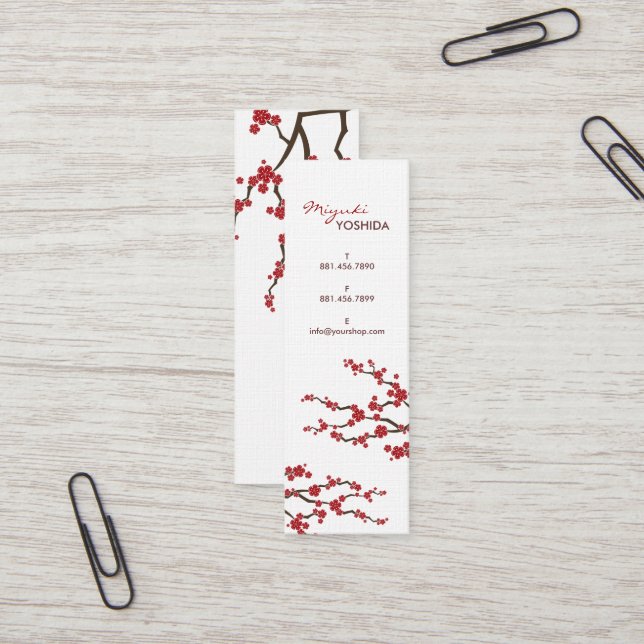 Red Sakura Flowers Cherry Blossoms Chic Asian Zen Mini Business Card (Front/Back In Situ)