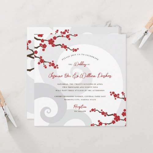 Red Sakura Flowers Cherry Blossoms Swirls Wedding Invitation